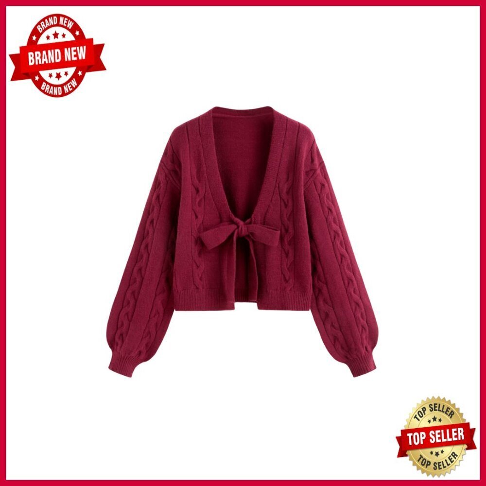 Cropped Cable Knit Cardigan with Tie Front, V-Neck, Long Sleeve